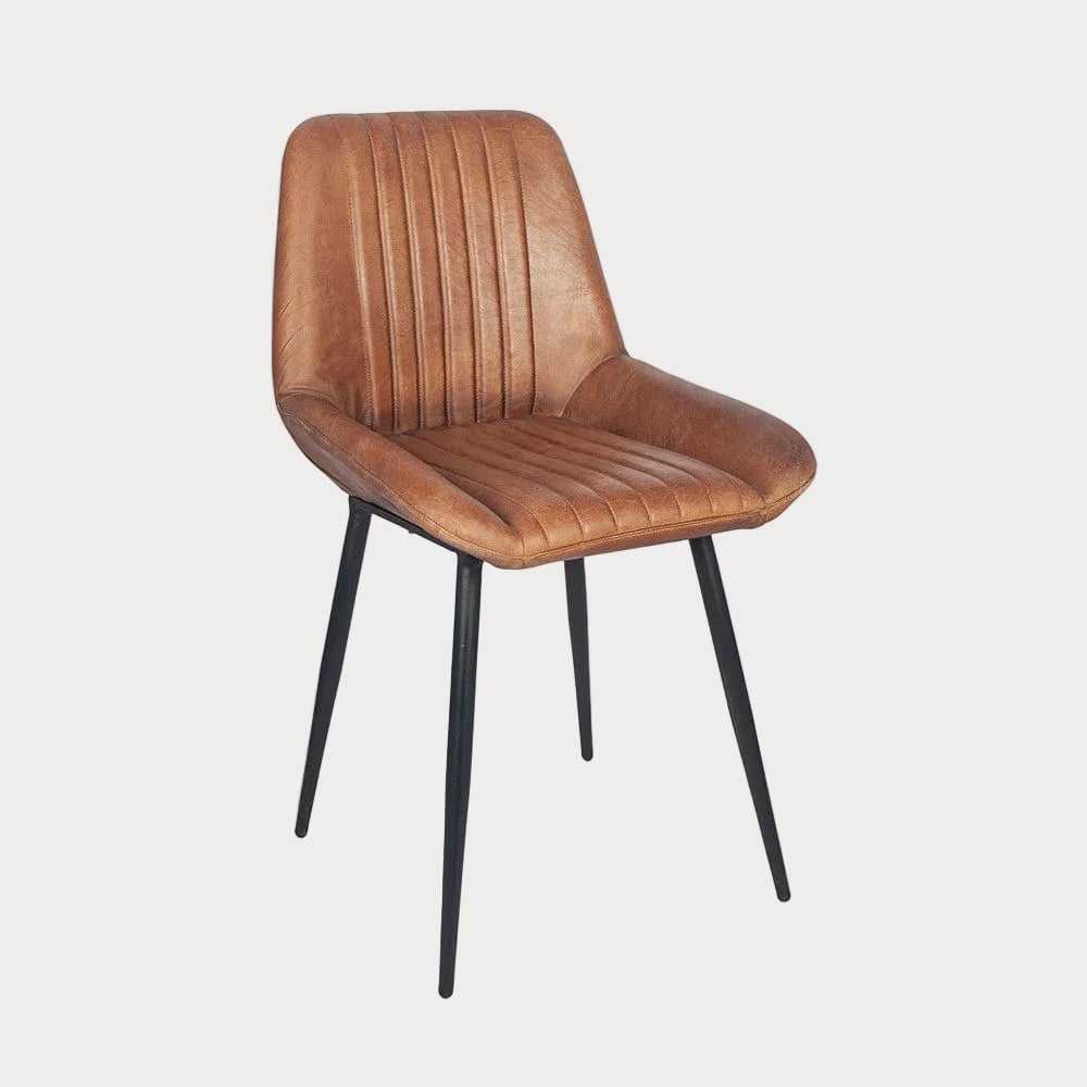 A brown ribbed leather dining chair with black iron legs.