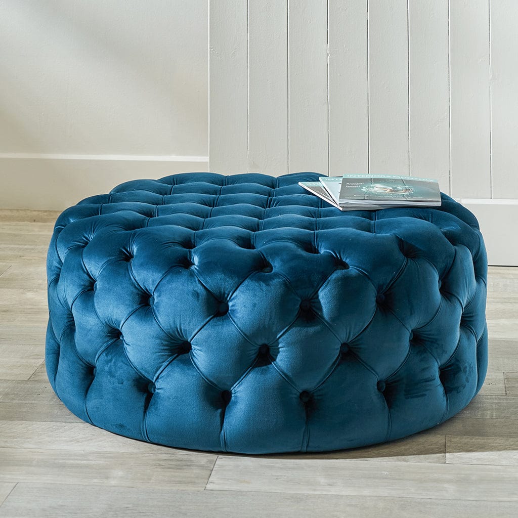 Vittoria Sapphire Blue Velvet Round Buttoned Pouffe