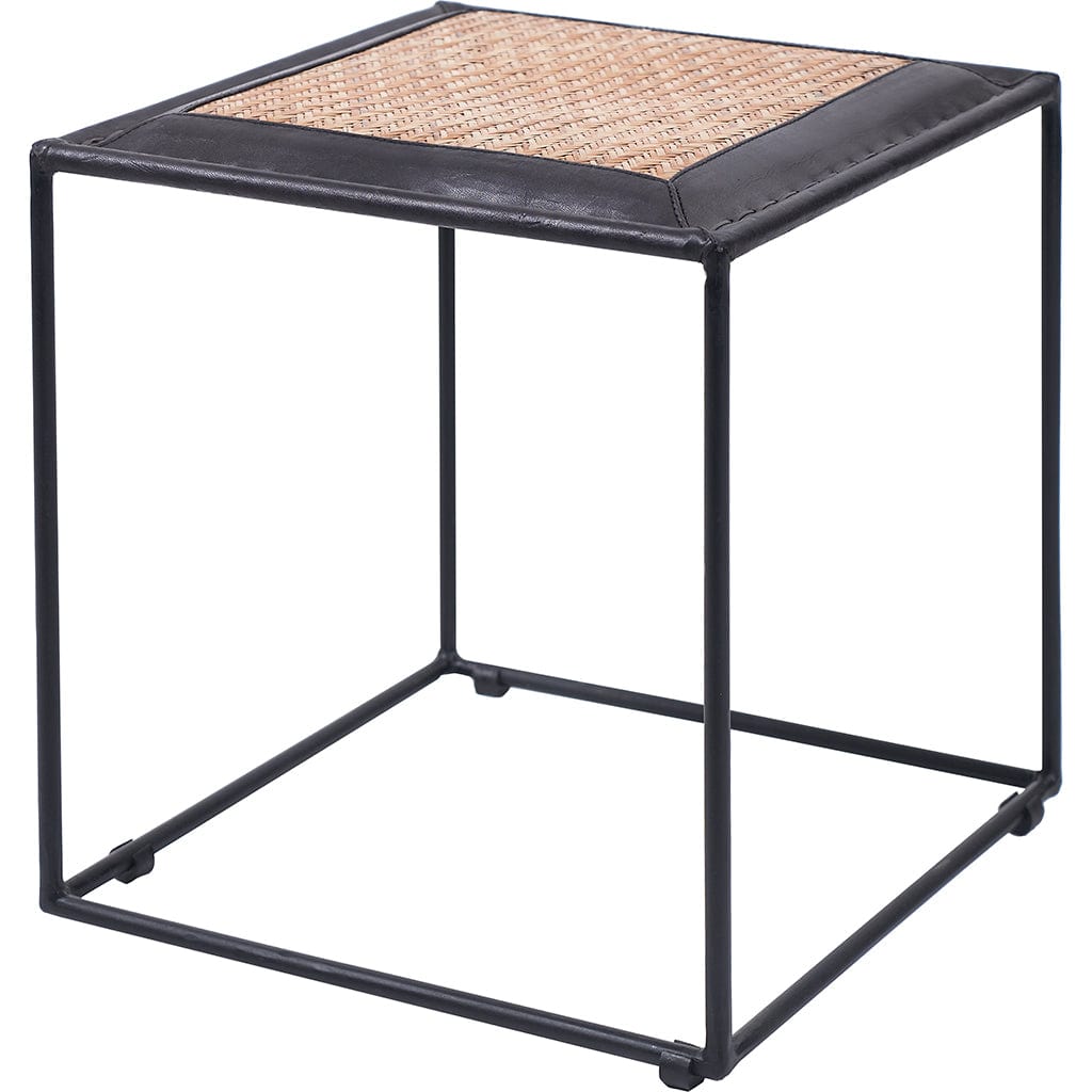 Ezio Black Leather, Woven Rattan & Iron Stool