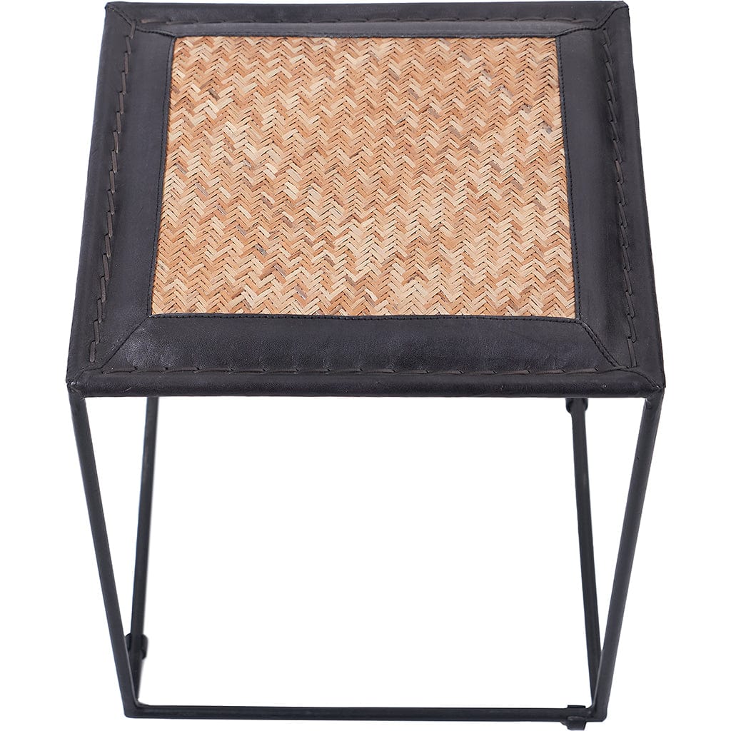 Ezio Black Leather, Woven Rattan & Iron Stool