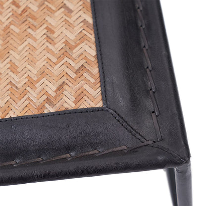 Ezio Black Leather, Woven Rattan & Iron Stool