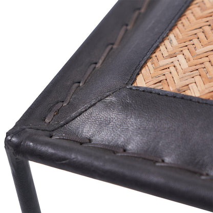 Ezio Black Leather, Woven Rattan & Iron Stool