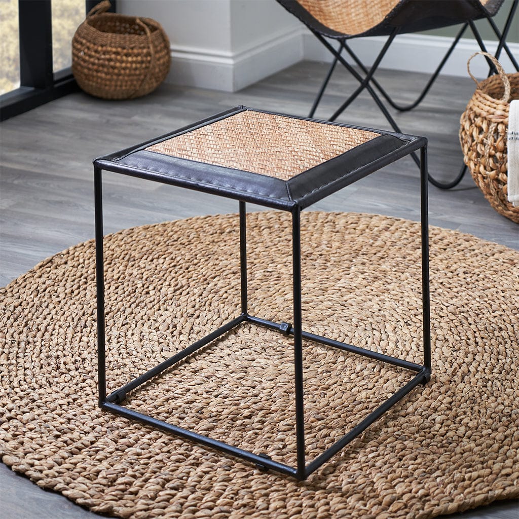 Ezio Black Leather, Woven Rattan & Iron Stool