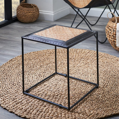 Ezio Black Leather, Woven Rattan & Iron Stool