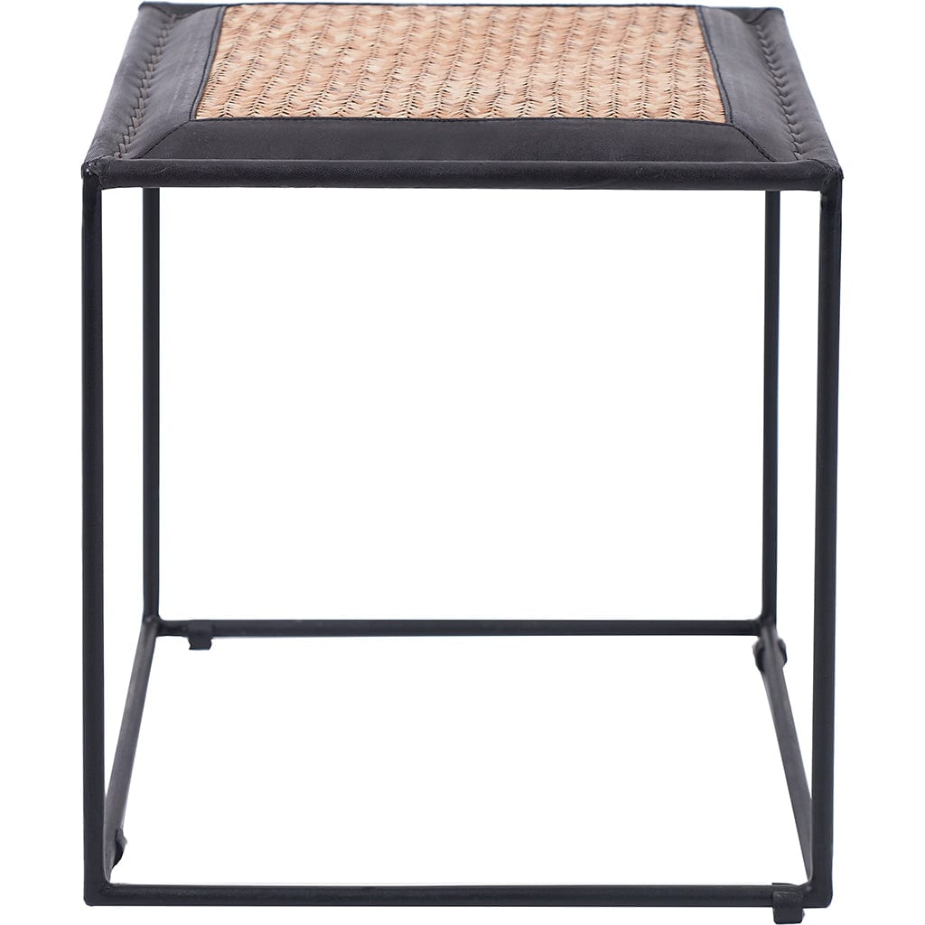 Ezio Black Leather, Woven Rattan & Iron Stool