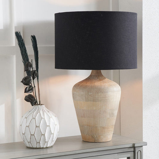 Taika White Wash Textured Wood Table Lamp with Black Linen Shade