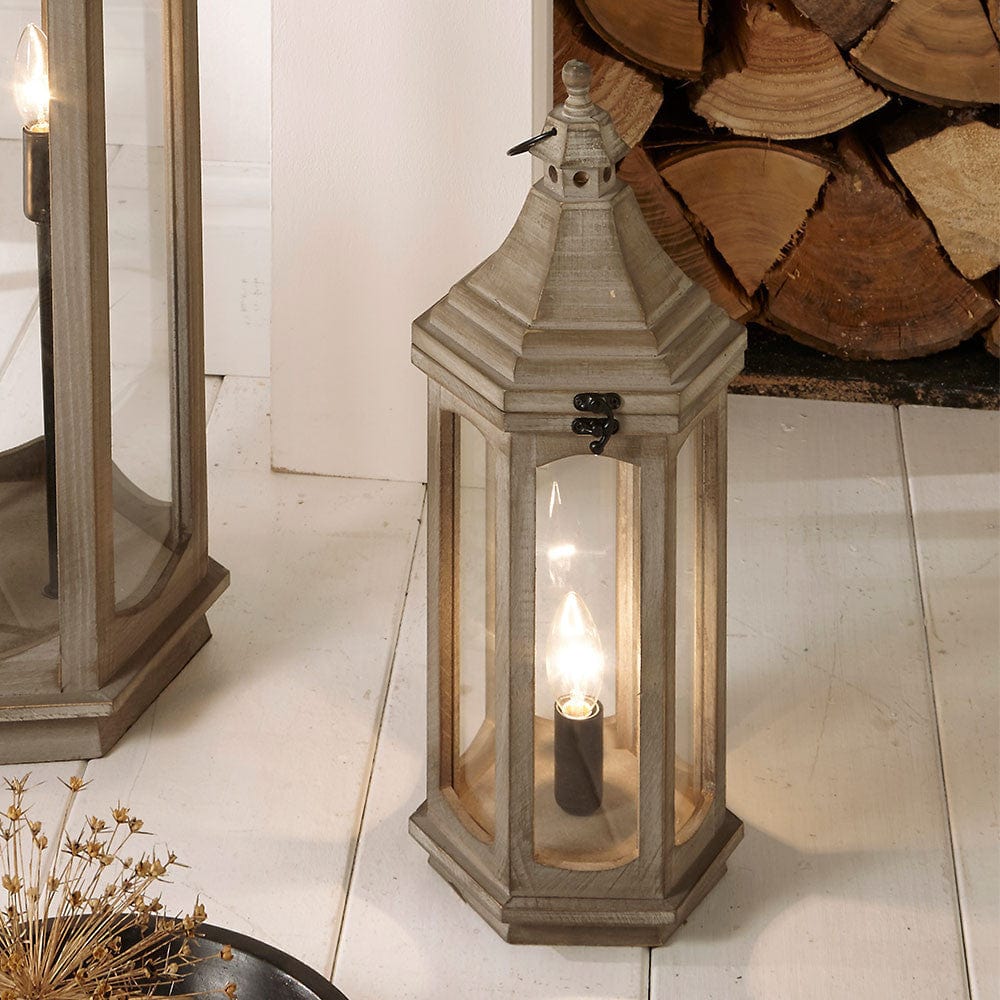Antique Wood Grey Table Lamp Lantern