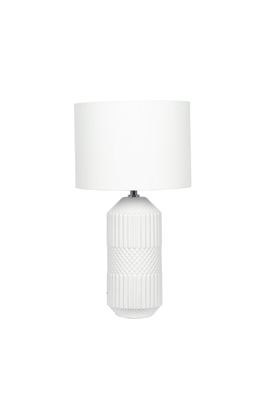 White Embossed Geo Tall Ceramic Table Lamp