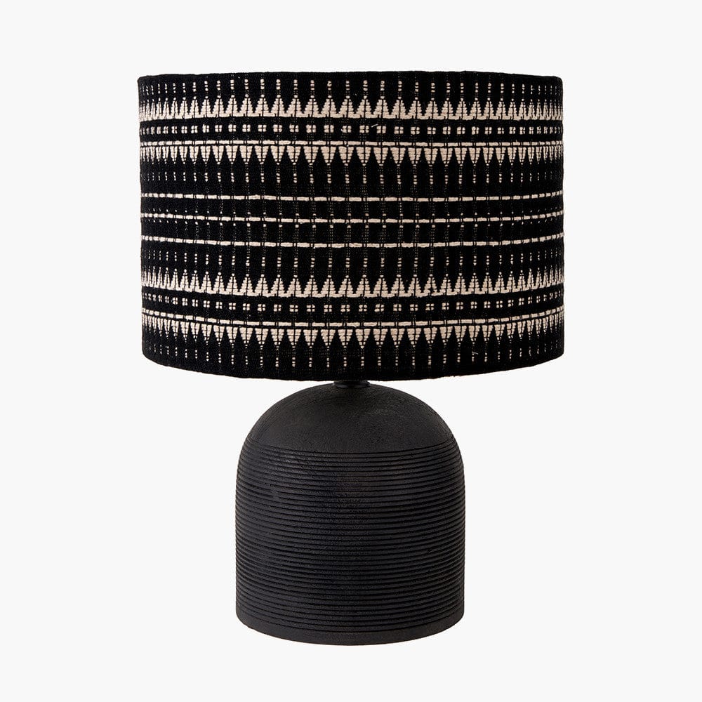 Nelu Black Engraved Wood Dome Table Lamp with Woven Shade