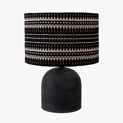 Nelu Black Engraved Wood Dome Table Lamp with Woven Shade