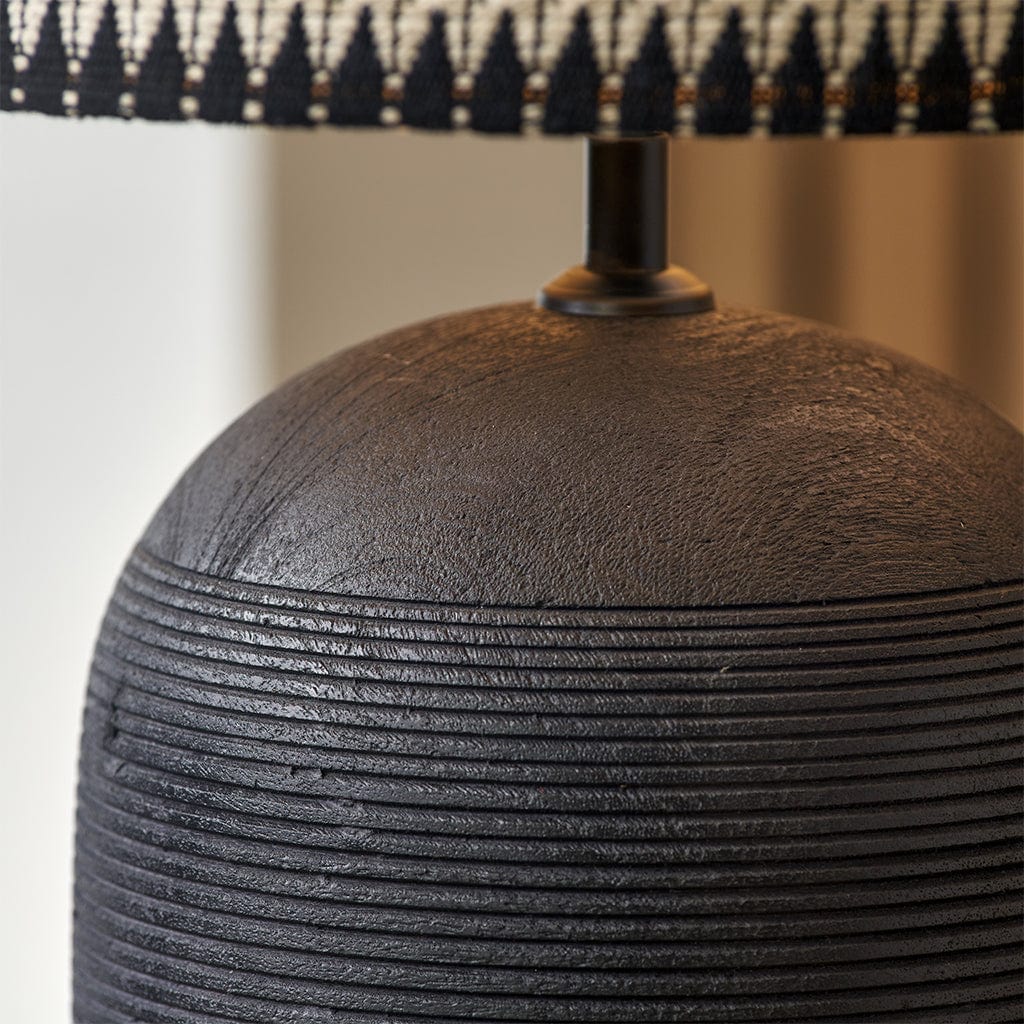 Nelu Black Engraved Wood Dome Table Lamp with Woven Shade