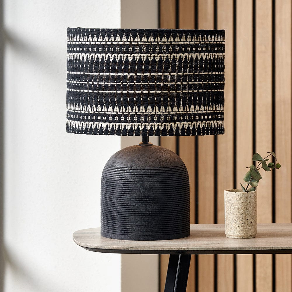 Nelu Black Engraved Wood Dome Table Lamp with Woven Shade