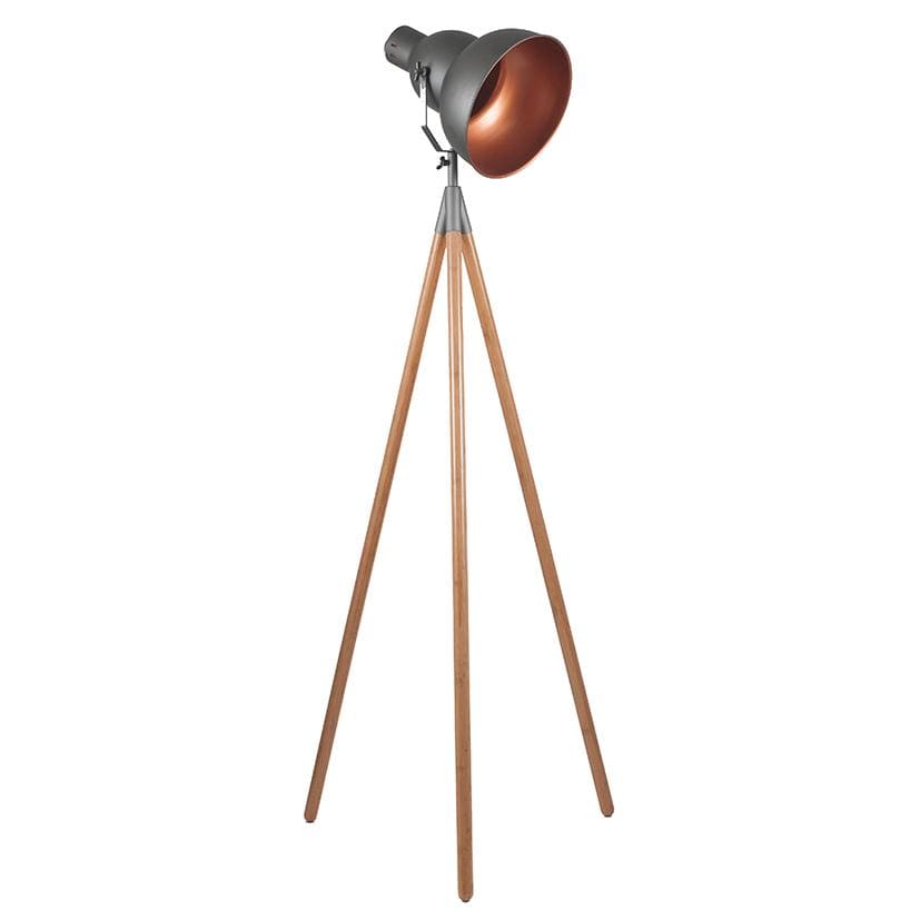 Grey Metal & Natural Wood Tripod Floor Lamp