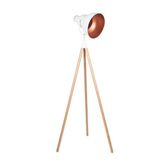 White Metal & Natural Wood Tripod Floor Lamp