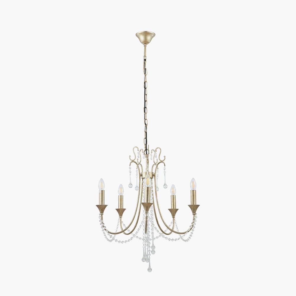 Belle Antique Silver Leaf Metal & Beaded 5 Light Chandelier Pendant