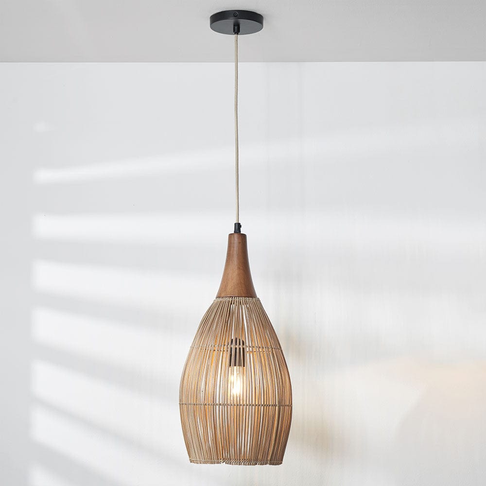 Ata Bamboo Effect & Wood Tall Dome Pendant