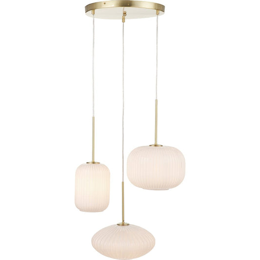 Alexa White Ribbed Glass & Gold Metal Multi Drop Pendant