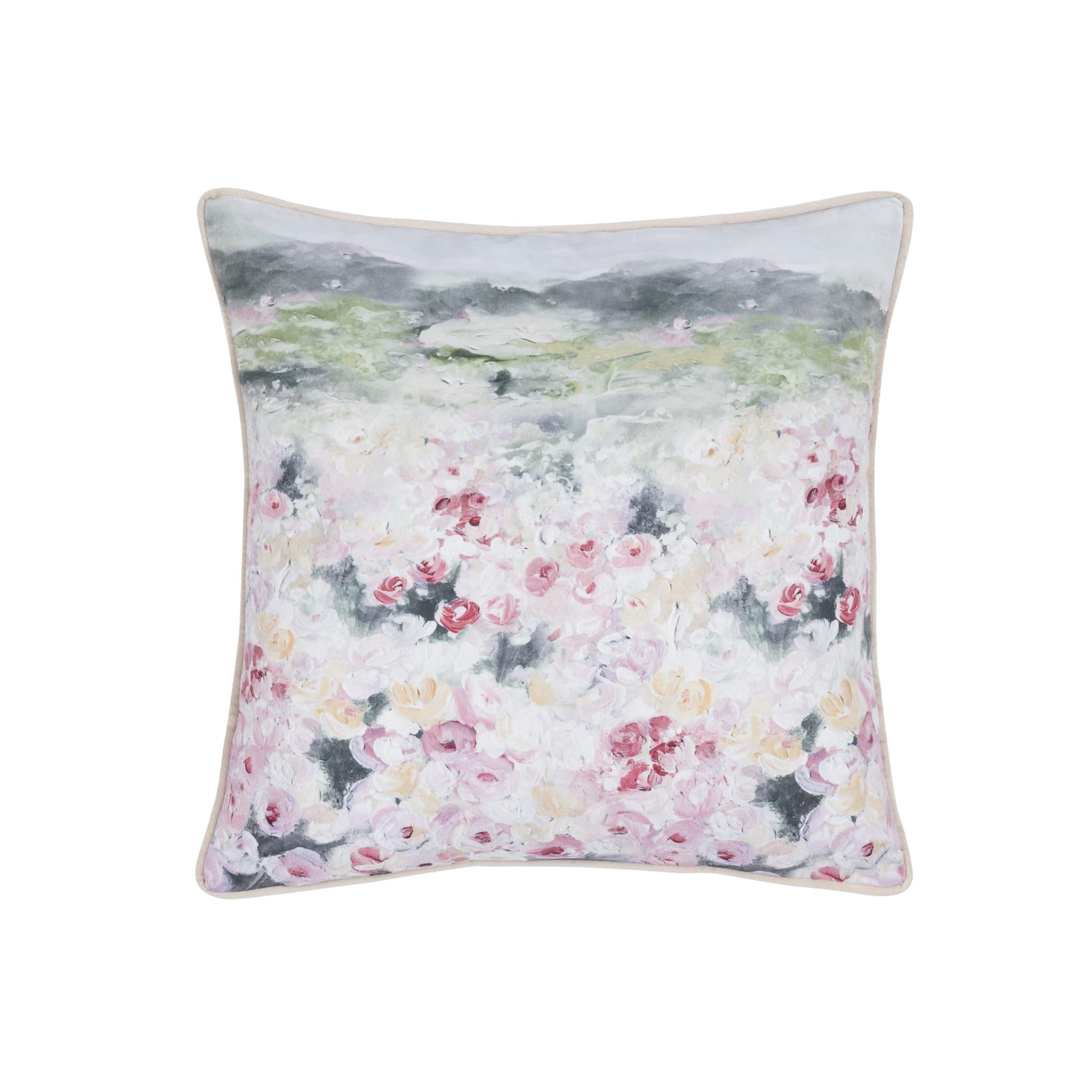 Green and pink Floral patterned cushion with beige piping 