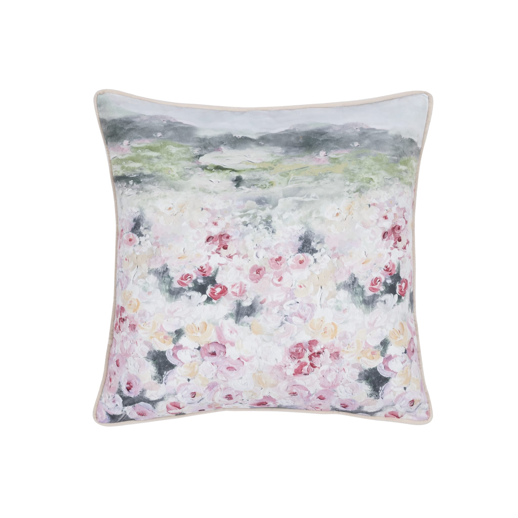 Green and pink Floral patterned cushion with beige piping 