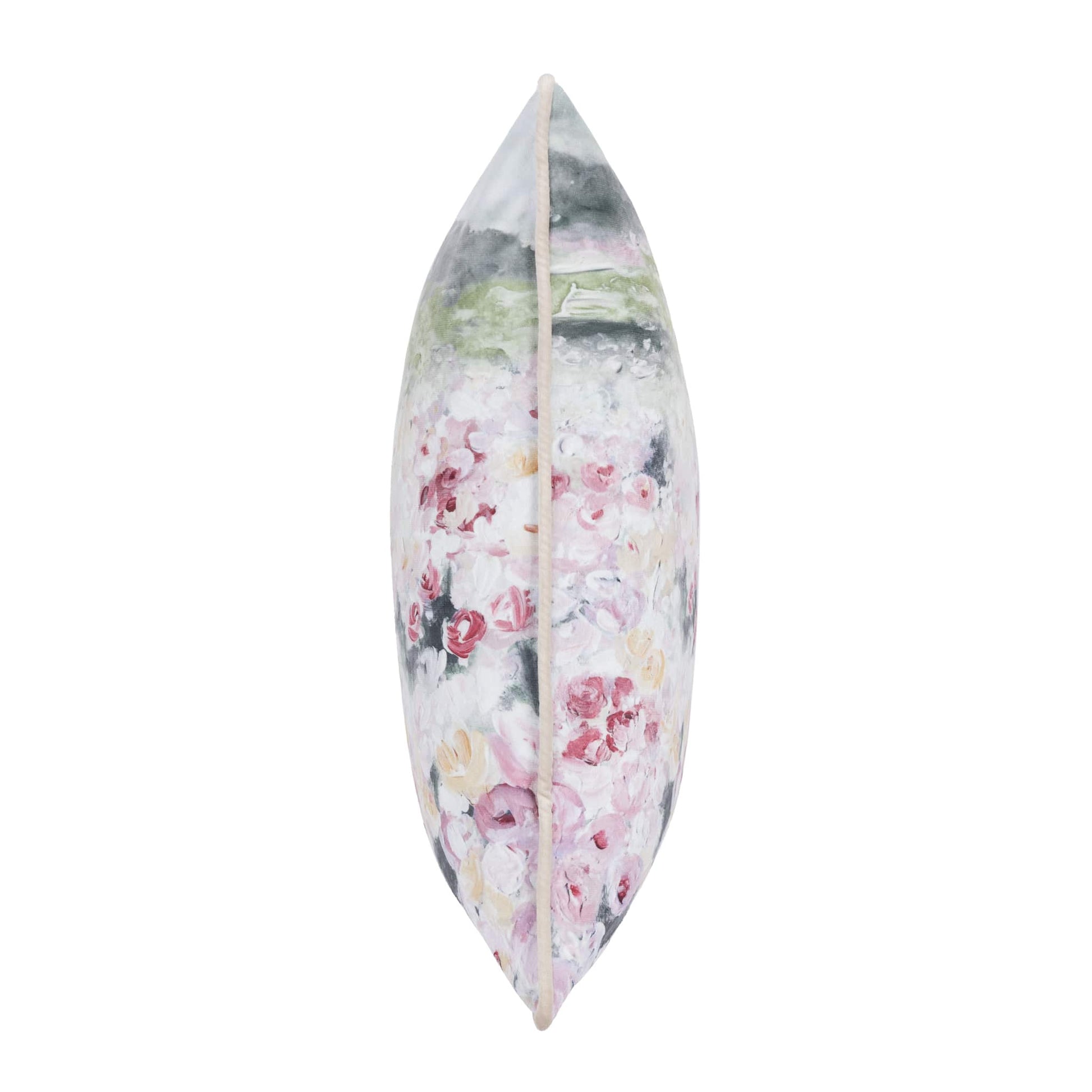 Floral-patterned cushion side on with beige piping 