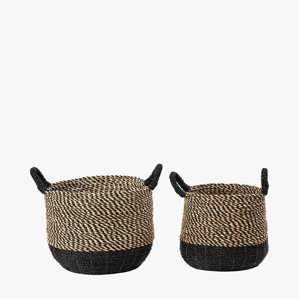 Set of 2 Seagrass Natural & Black Round Handled Baskets