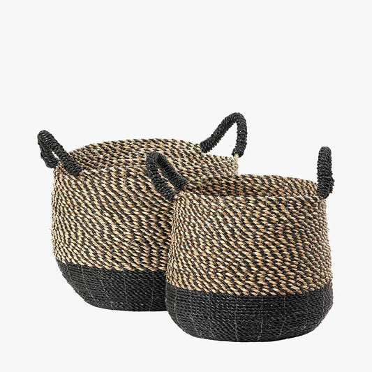 Set of 2 Seagrass Natural & Black Round Handled Baskets