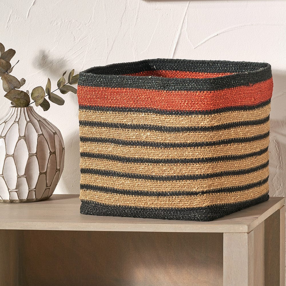 Seagrass Natural, Black & Terracotta Stripe Square Basket