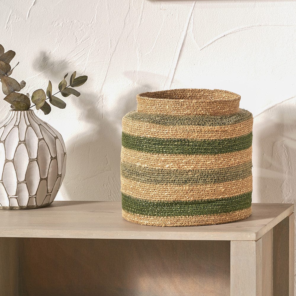 Seagrass Natural, Green & Sage Stripe Round Basket