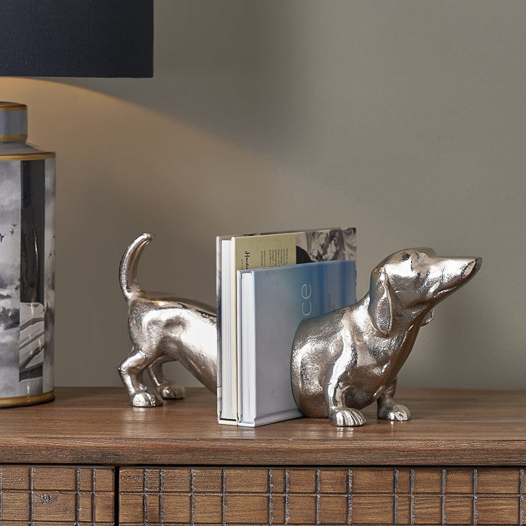 Silver Metal Sausage Dog Book Ends