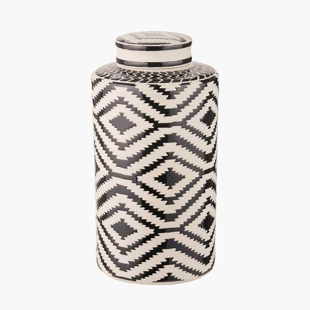 Chirala Black & White Ceramic Aztec Design Lidded Ginger Jar
