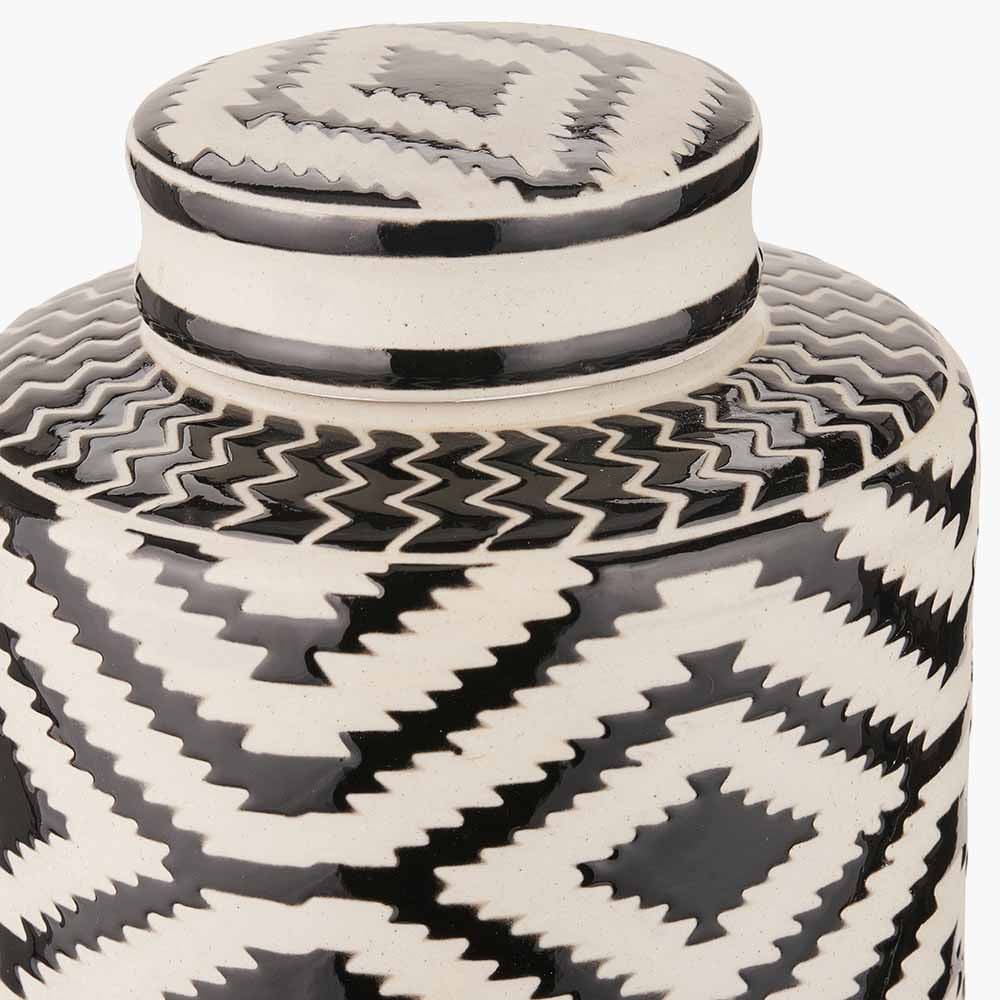 Chirala Black & White Ceramic Aztec Design Lidded Ginger Jar