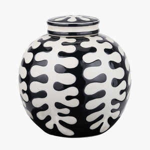 Elkorn Black & White Ceramic Coral Design Lidded Ginger Jar
