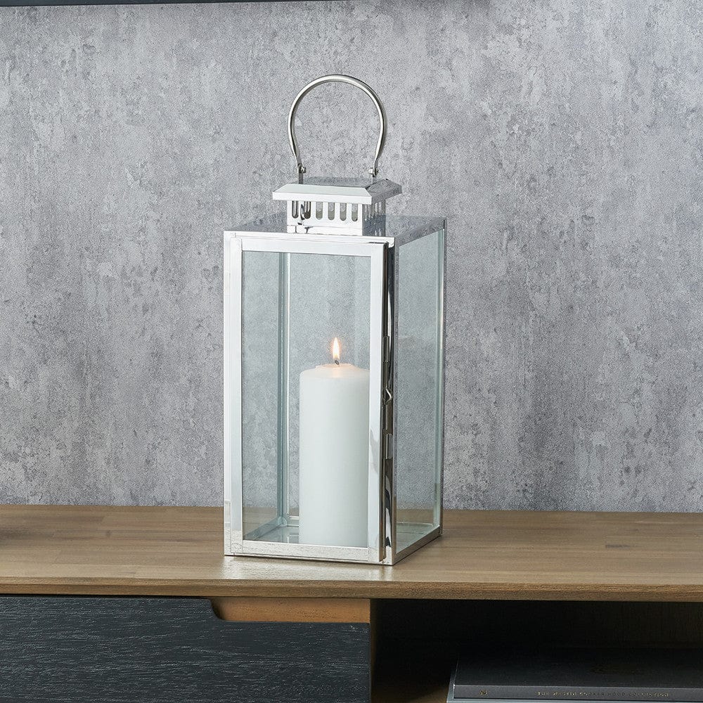 Silver Stainless Steel & Glass Medium Rectangular Lantern