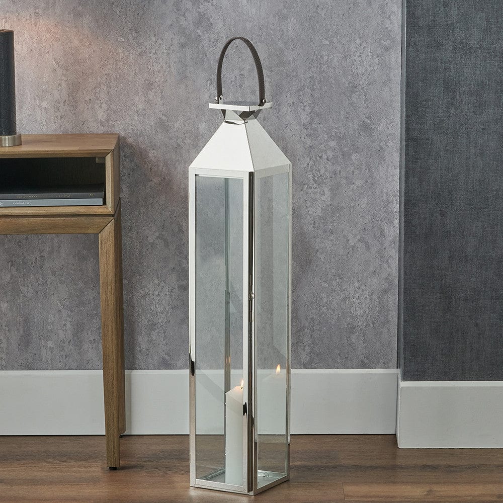 Silver Stainless Steel & Glass Large Tall Lantern