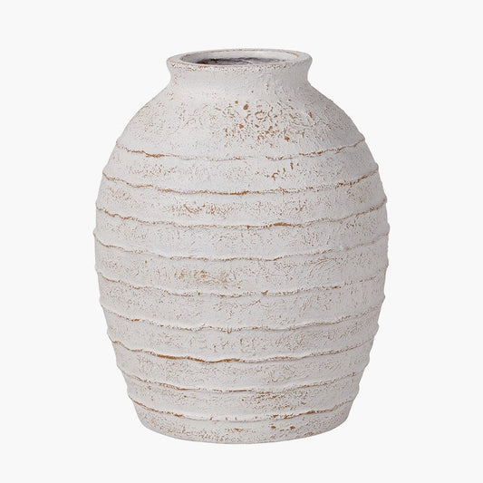 White Wash Large Fibrestone Decorative Ribbed Vase