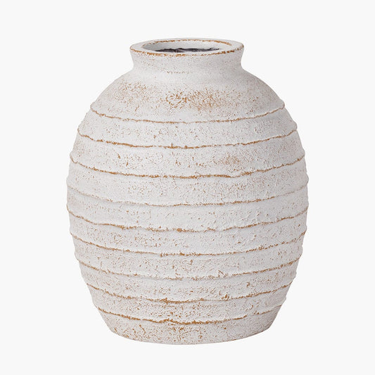 White Wash Small Fibrestone Decorative Ribbed Vase