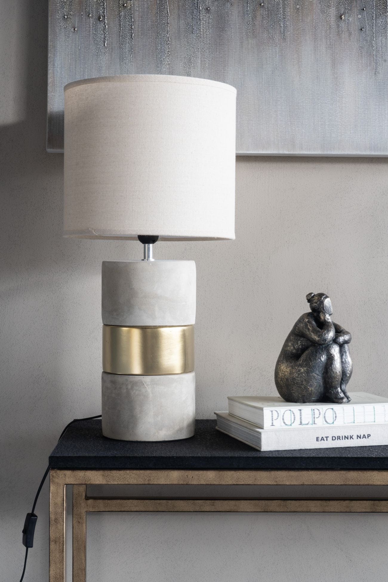 Concrete & Gold Table Lamp with Natural Shade