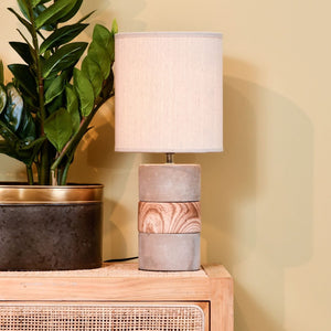 Concrete and Wood Effect Table Lamp with Natural Shade