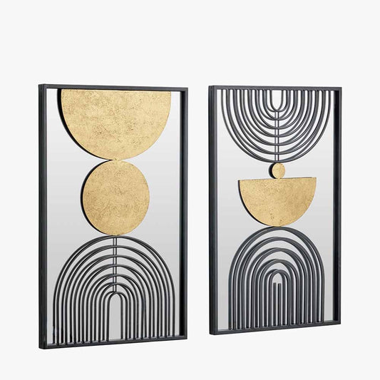 Set of 2 Mirrored, Black & Gold Metal Wall Art