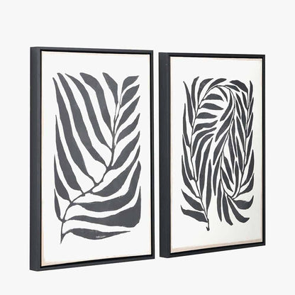 Set of 2 Black Leaf Print Canvases with Black Frames