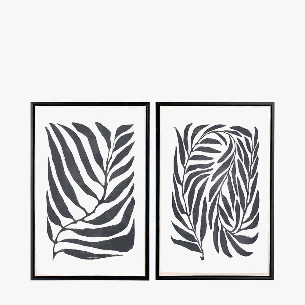 Set of 2 Black Leaf Print Canvases with Black Frames