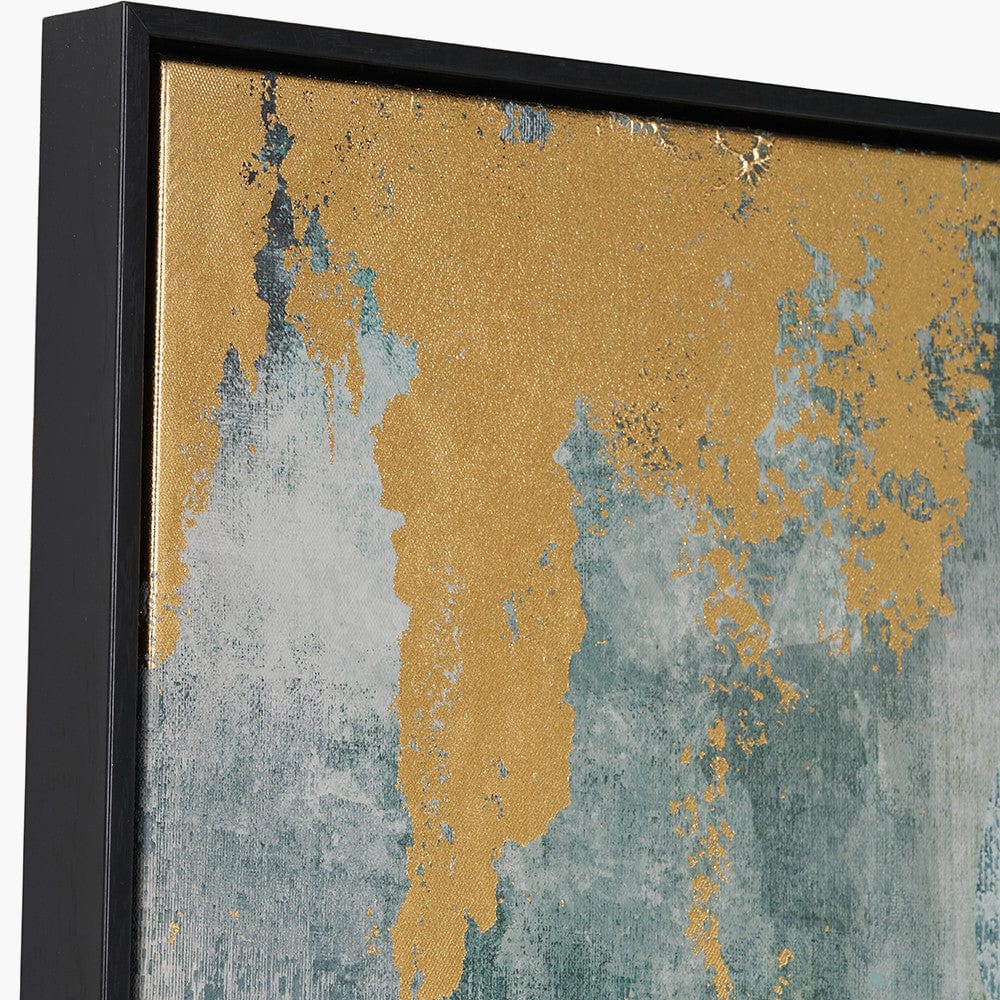 Gold & Blue Tone Abstract Canvas with Black Frame