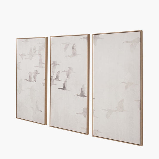 Set of 3 Natural & White Birds Canvases with Natural Frames