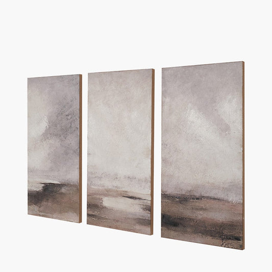 Set of 3 Grey & Neutrals Abstract Landscape Canvases with Black Frames