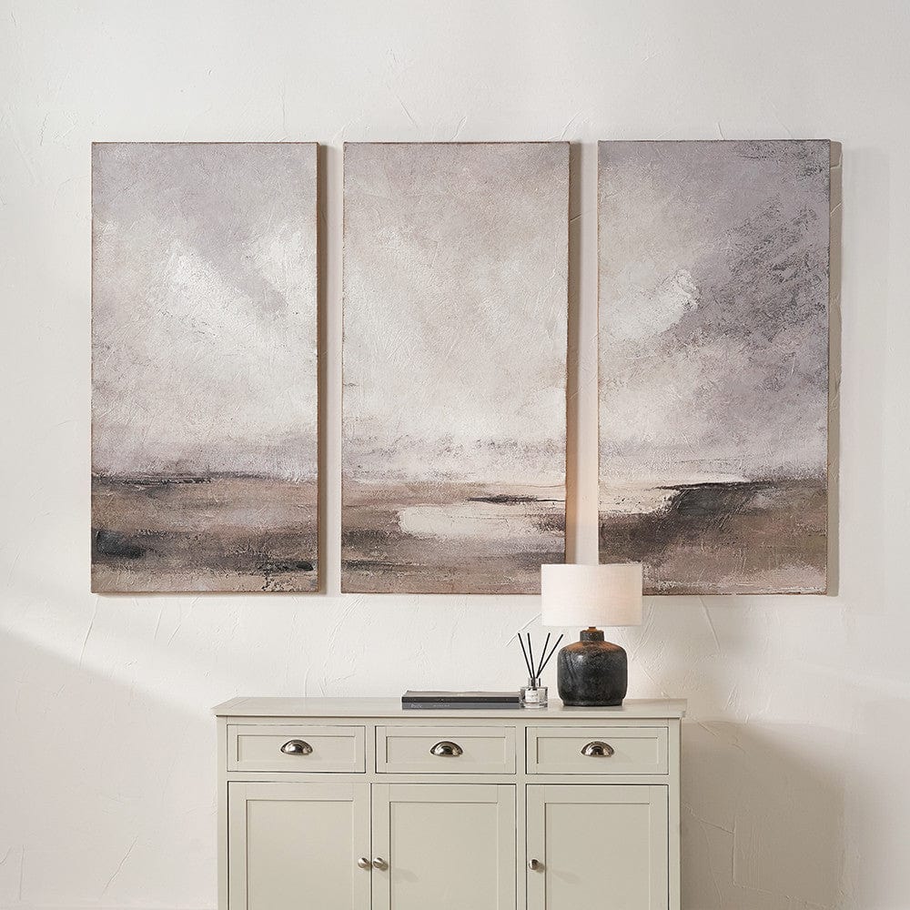 Set of 3 Grey & Neutrals Abstract Landscape Canvases with Black Frames