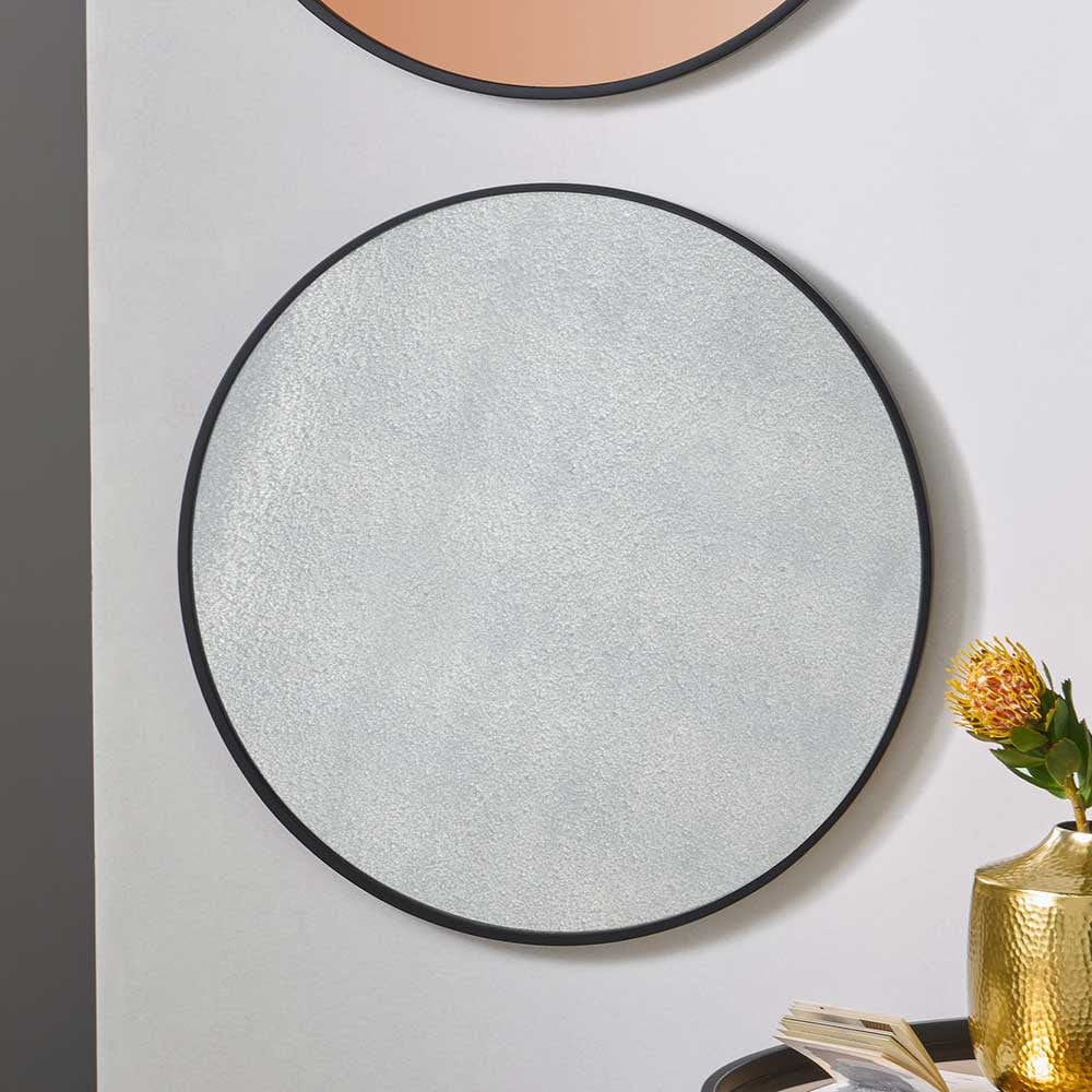 Matt Black Wood Veneer Round Mirror with Foxed Glass