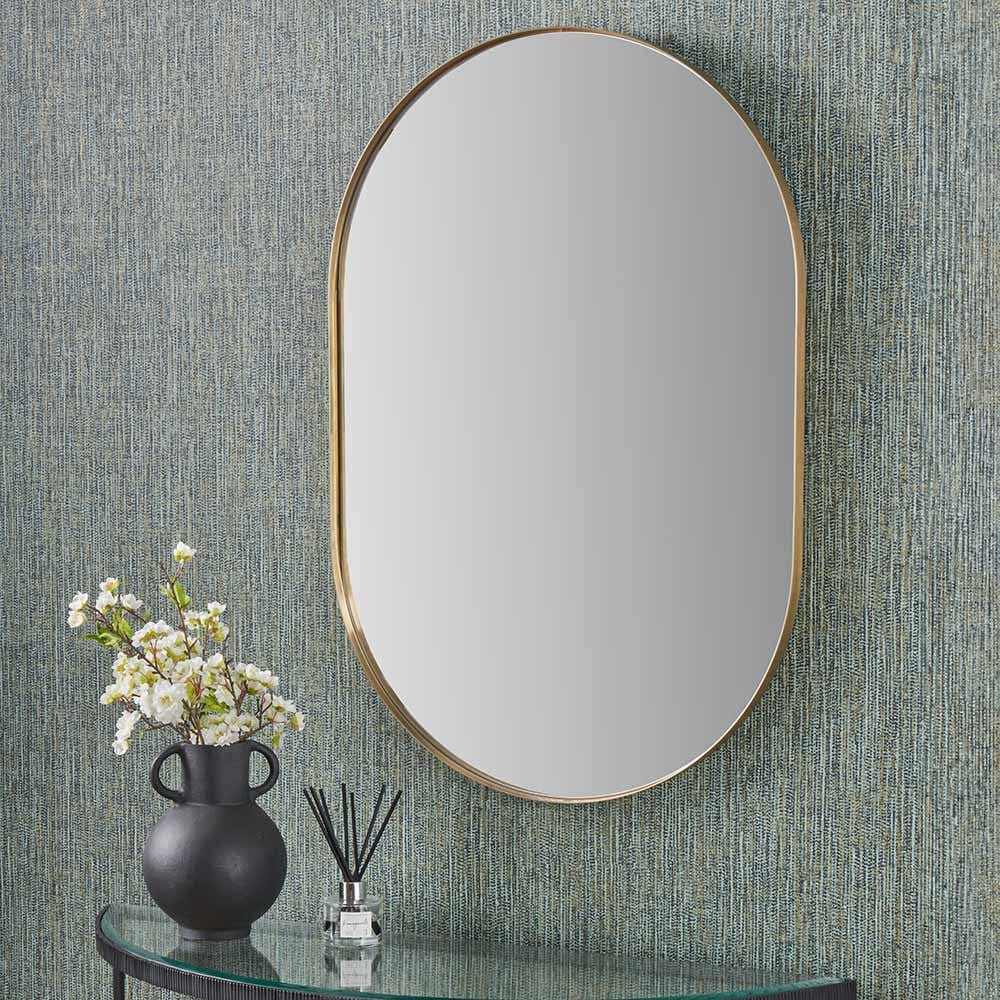 Brushed Gold Metal Slim Frame Oval Wall Mirror