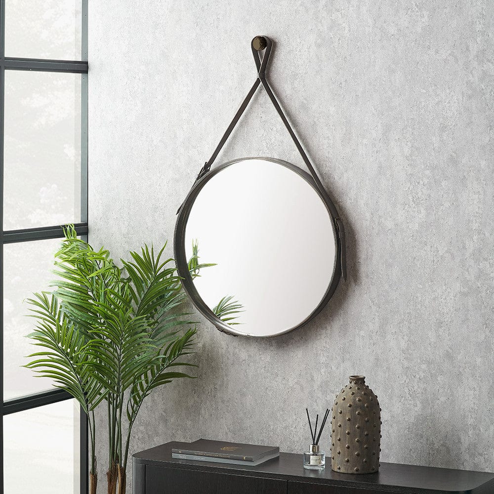 Peppercorn Leather Frame Round Wall Mirror
