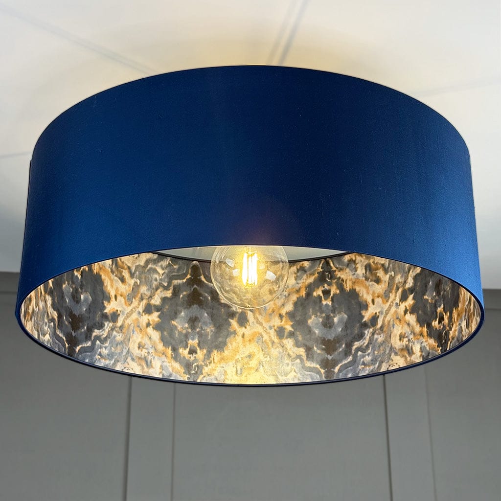 Navy Silk Pendant Shade lined with Midnight Spice Wallpaper