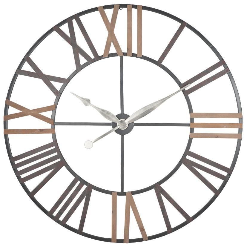 Antique Grey Metal & Wood Round Wall Clock